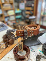 Load image into Gallery viewer, Belt~ Silver~ Floral~ Golden tan~
