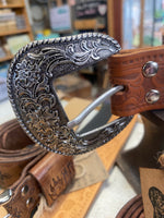 Load image into Gallery viewer, Belt~ Silver~ Floral~ Golden tan~
